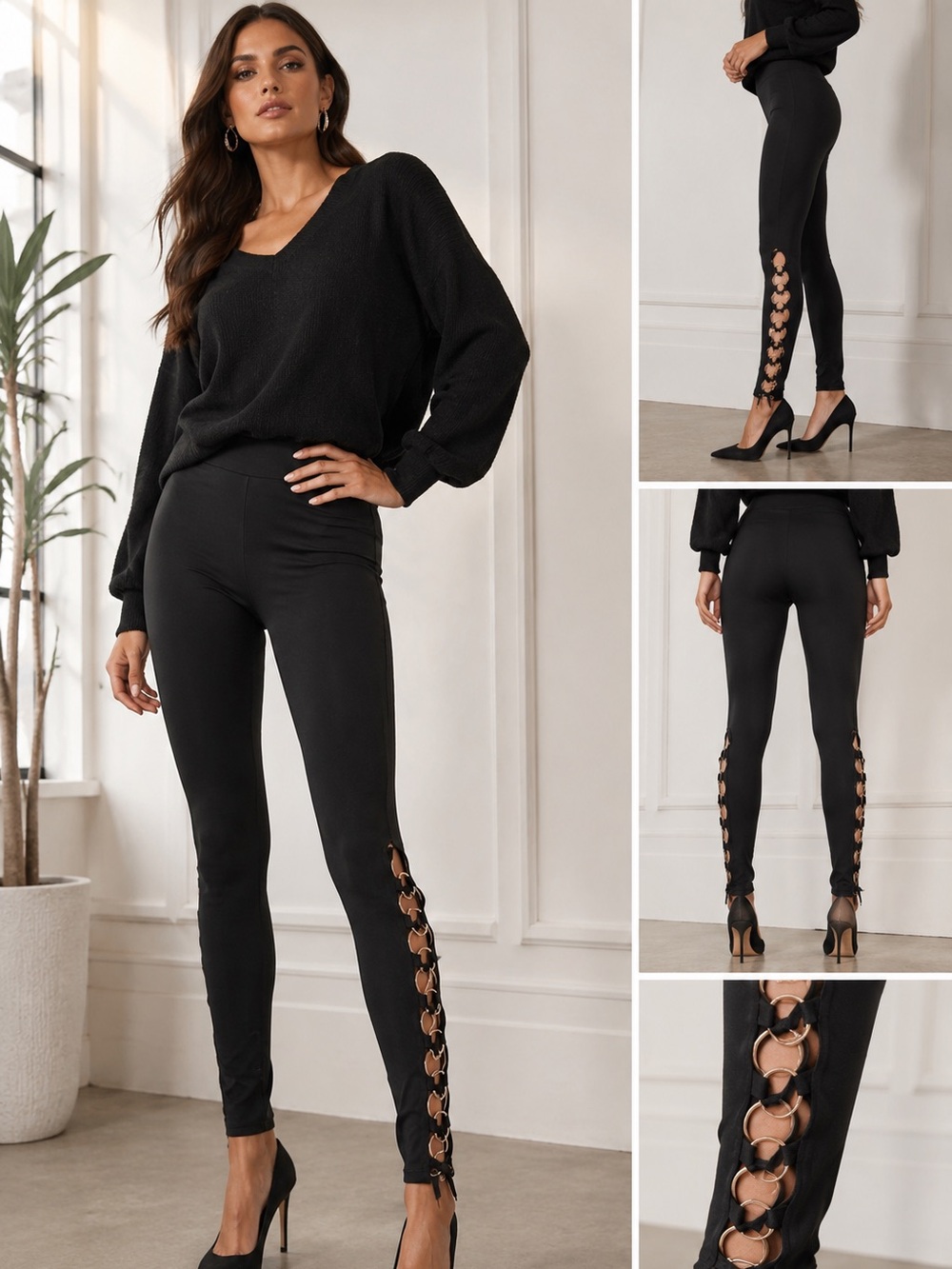 VENUS Black Ring Lace-Up Leggings Gold Hardware Side Detail Size Large NWT - Picture 6 of 6